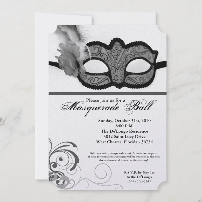 Silver Masquerade Ball Maskenkostüm Halloween Teil Einladung (Vorderseite)