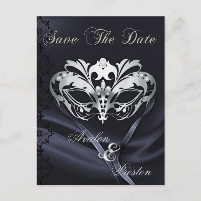 Silver Masquerade Black Jewel Save the Date Ankündigungspostkarte (Vorderseite)