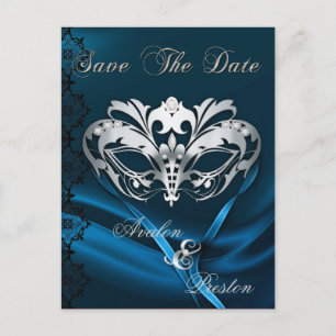 Silver Masquerade Blue Jewel Save the Date Ankündigungspostkarte