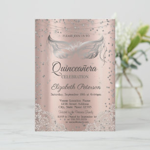 Silver Masquerade, Lace Rose Gold Quinceañera Einladung