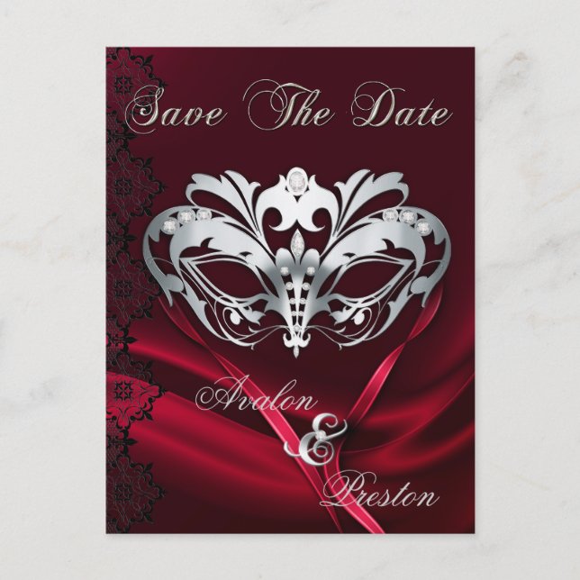 Silver Masquerade Red Jewel Save the Date Postcard Ankündigungspostkarte (Vorderseite)
