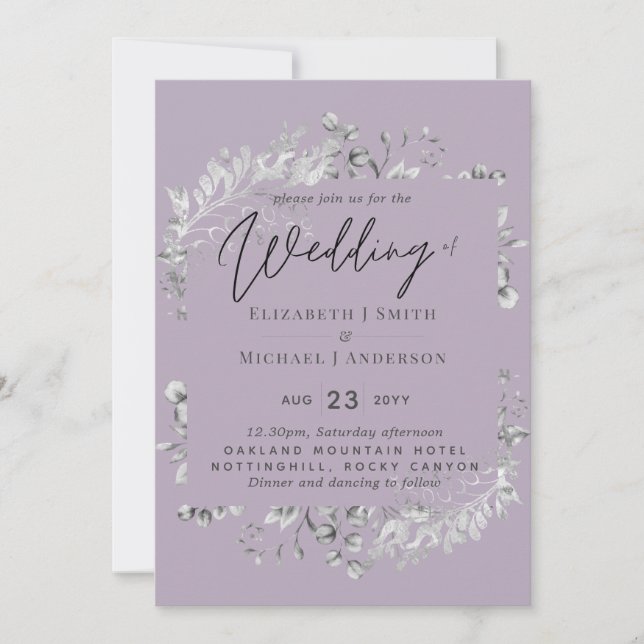 Silver Mauve Lila Botanisches Leaf Hochzeitbudget (Vorderseite)