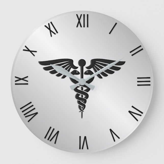 Silver Medical Caduceus w Black Numerals Große Wanduhr (Vorderseite)