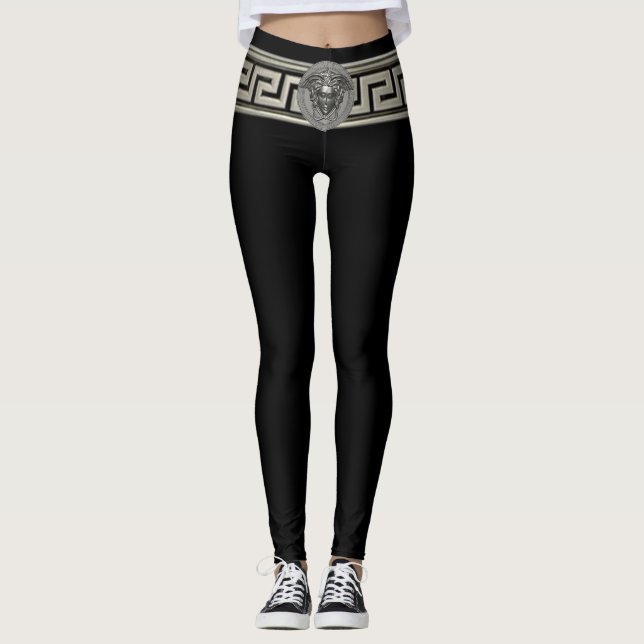 Silver Medusa und Griechischer Schlüssel auf schwa Leggings (Vorderseite)