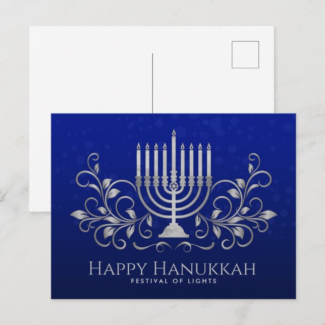 Silver Menorah Swirl Ornament Happy Hanukkah Postkarte (Vorne/Hinten)