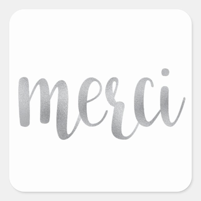 Silver merci Aufkleber, danke, Folie Schriftart Quadratischer Aufkleber (Vorderseite)