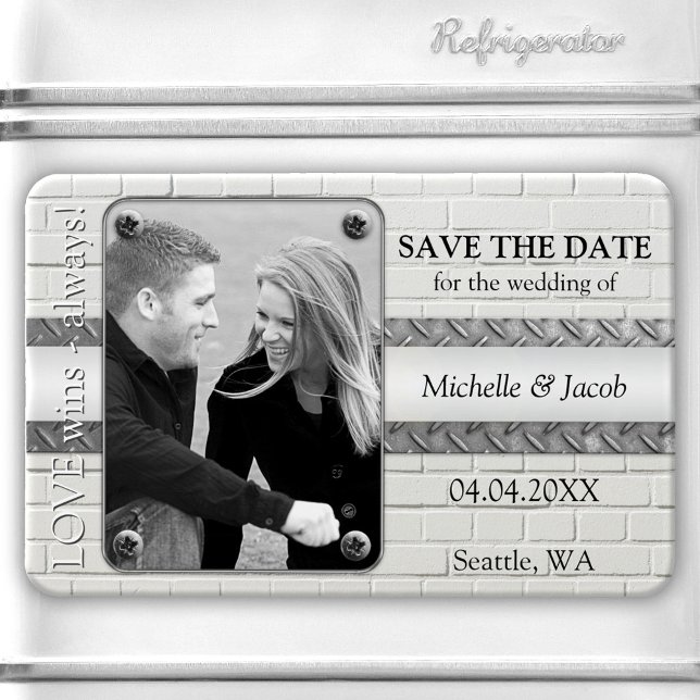 Silver Metal Industrial Foto Save the Date Magnet (B&W Save the Date magnet with your own photo on an industrial design with white bricks and silver)