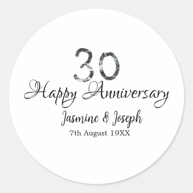 Silver Metallic 30. Happy Jubiläum Name hinzufügen Runder Aufkleber (Vorderseite)