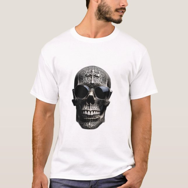 Silver Metallic 3D Schädelkreuz mit Sonnenbrille T-Shirt (Vorderseite)