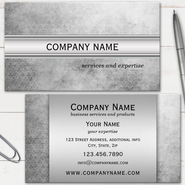 Silver Metallic Black and White Beruflich Visitenkarte (Business card with silver grey metallic text fields on a grunge black and white background)