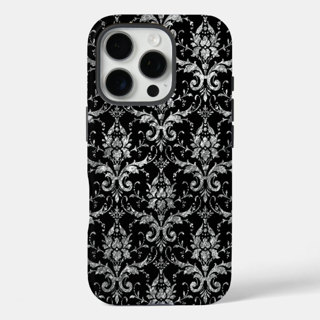 Silver Metallic Damask auf Black Case-Mate iPhone Hülle (Rückseite)