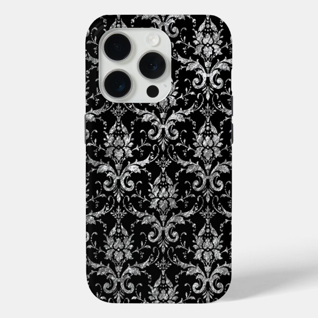 Silver Metallic Damask auf Black Case-Mate iPhone Hülle (Rückseite)
