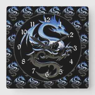 Silver Metallic Dragon Quadratische Wanduhr