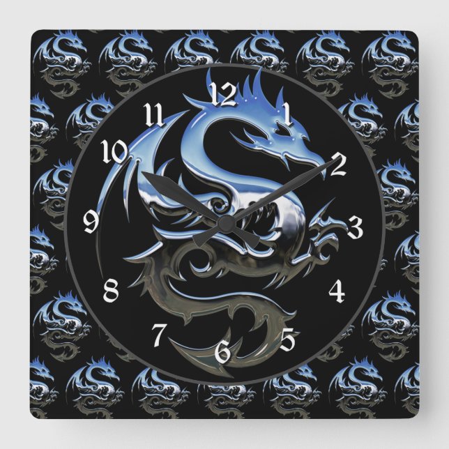 Silver Metallic Dragon Quadratische Wanduhr (Vorderseite)