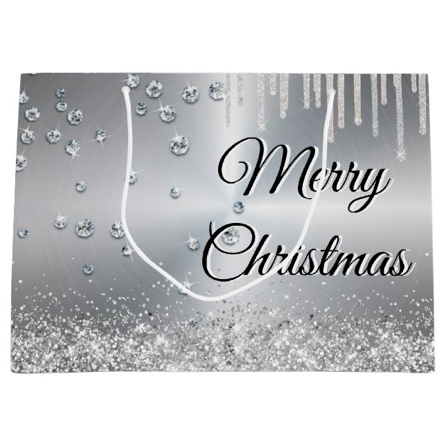 Silver Metallic Frohe Weihnachten Große Geschenktüte (Vorderseite)