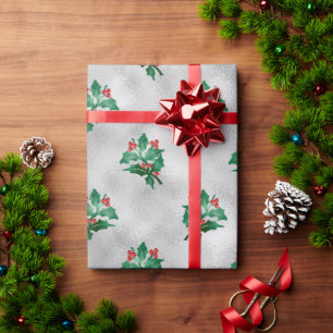 Silver Metallic Holly Berries Weihnachtsfest Geschenkpapier