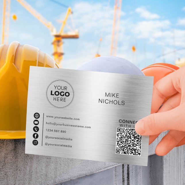 Silver Metallic QR Code Logo-Verbindung mit uns Visitenkarte (Von Creator hochgeladen)