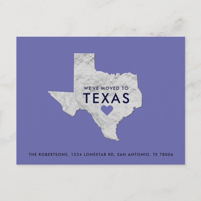 Silver Metallic Texas Map Periwinkle Neue Adresse Ankündigungspostkarte (Vorderseite)