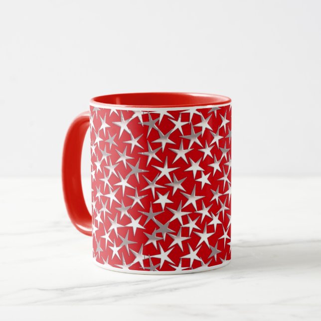 Silver Metallic Textured Stars on Deep Red Tasse (Vorderseite Links)