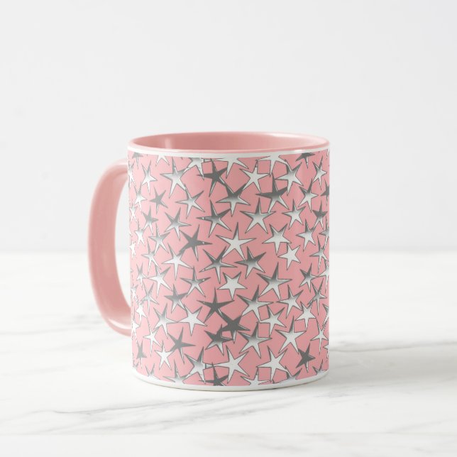 Silver Metallic Textured Stars on Peach Pink Tasse (Vorderseite Links)