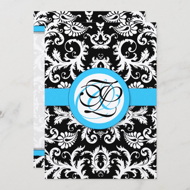 Silver Metallic Vintag Damask Bright Aqua Trimm Einladung (Vorne/Hinten)