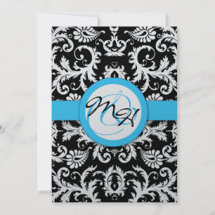 Silver Metallic Vintag Damask Bright Aqua Trimm Einladung