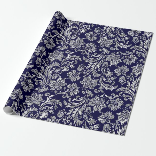 Silver & Midnight Blue Damasks Geschenkpapier (Ungerollt)