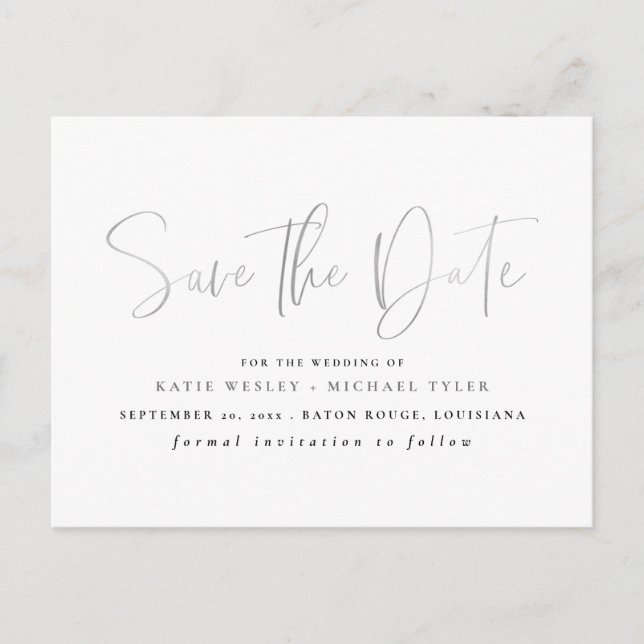 Silver Minimal Typografie Save the Date Ankündigungspostkarte (Vorderseite)
