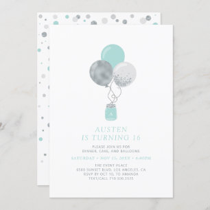 Silver & Mint Balloons Moderne 18. Geburtstagspart Einladung