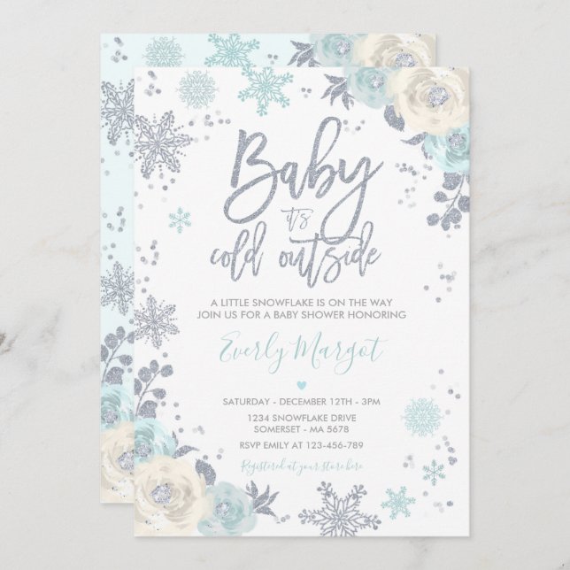 Silver & Mint Floral Winter Baby Showflake Einladung (Vorne/Hinten)