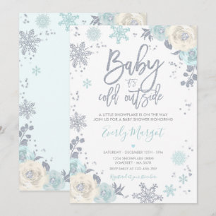 Silver & Mint Floral Winter Baby Showflake Einladung