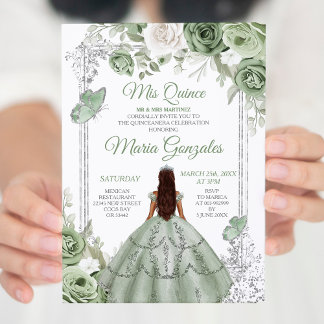 Silver Mis Quince Sage Green Floral Quinceañera Einladung