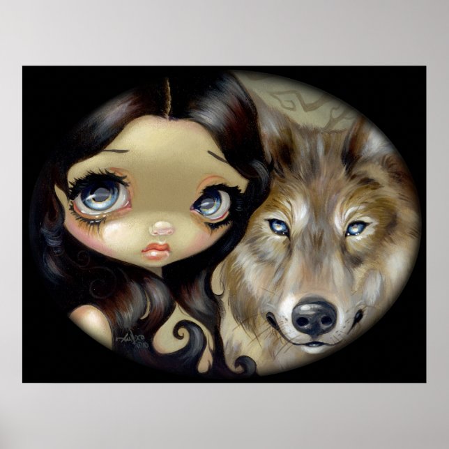 Silver Mit Augen Wolf ART PRINT gotische Großaugen Poster (Vorne)
