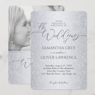 Silver Modern Damask Foto Hochzeitseinladung Einladung