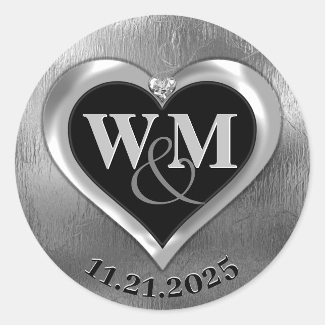 Silver Modern Glam Monogram Classic Round Sticker (Vorderseite)