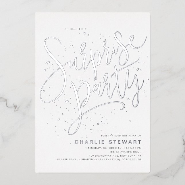Silver Modern Simple Script Surprise Party Folieneinladung (Vorderseite)