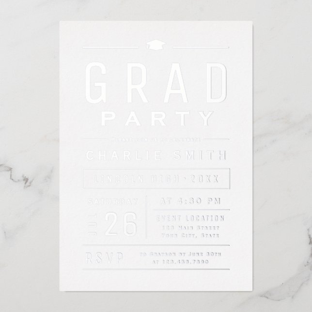 Silver Modern Simple Typografy Graduation Party Folieneinladung (Vorderseite)