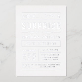 Silver Modern Simple Typografy Überraschung Geburt Folieneinladung