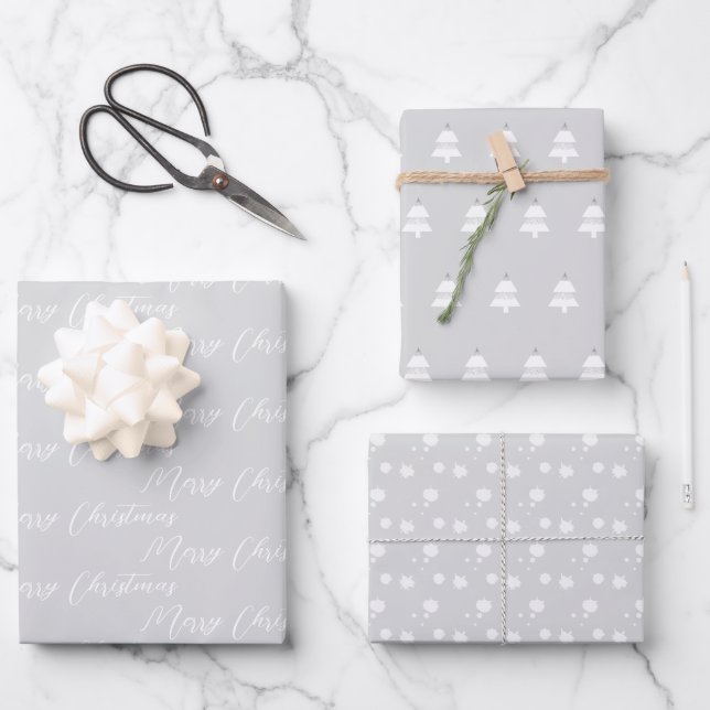 Silver & Modern White Christmas Tree Geschenkpapier Set (Vorderseite)