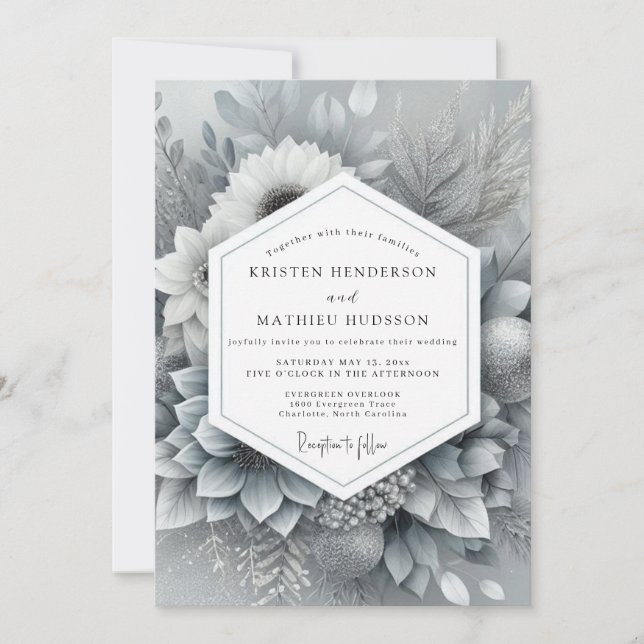 Silver Monochromatic Bloom Wedding Einladung (Vorderseite)
