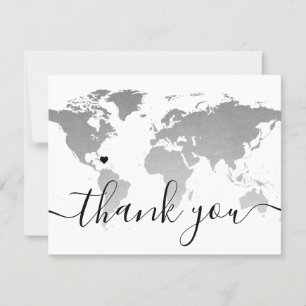 Silver Monochrome World Map Beach Wedding Foto Dankeskarte