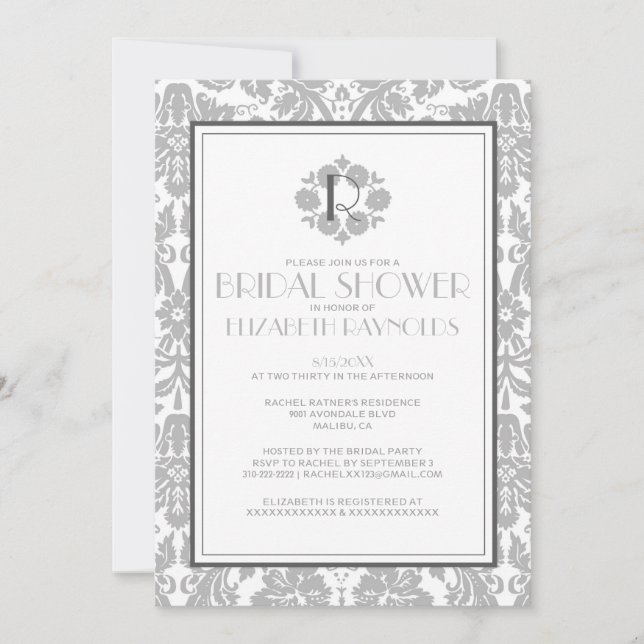 Silver Monogram Damask Bridal Shower Einladungen (Vorderseite)