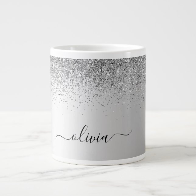 Silver Monogram Glitzer Sparkle Girly Script Jumbo-Tasse (Vorderseite)