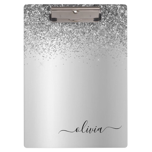Silver Monogram Glitzer Sparkle Girly Script Klemmbrett (Vorderseite)