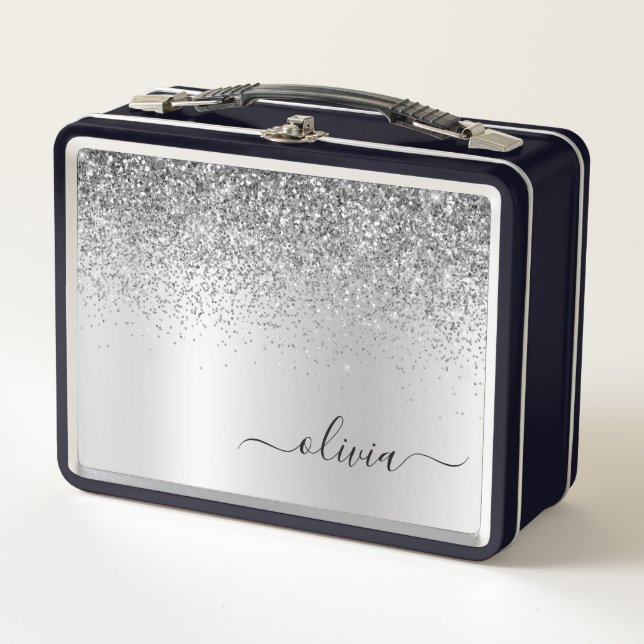 Silver Monogram Glitzer Sparkle Girly Script Metall Brotdose (Vorderseite)