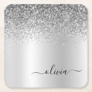 Silver Monogram Glitzer Sparkle Girly Script Rechteckiger Pappuntersetzer