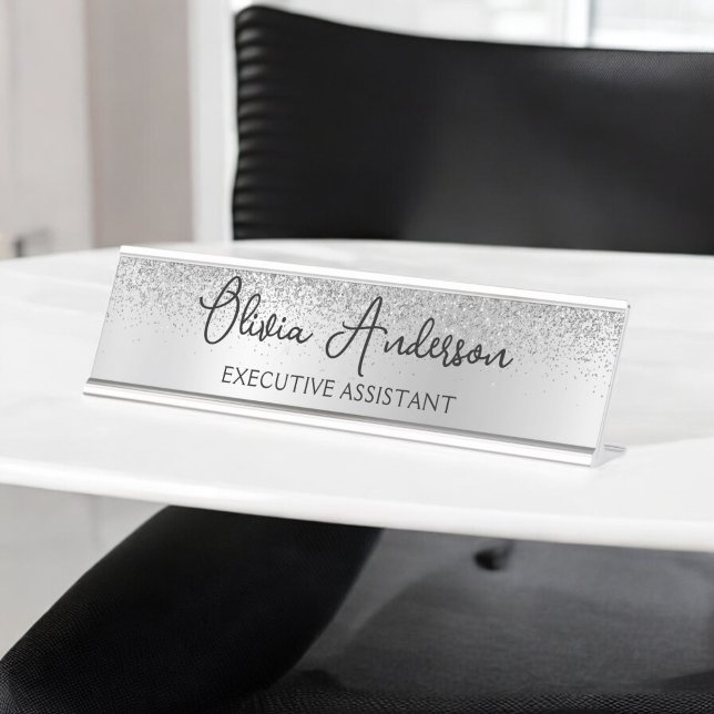 Silver Monogram Glitzer Sparkle Girly Script Schreibtischnamensplakette (Von Creator hochgeladen)