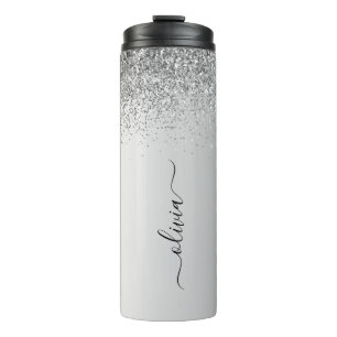 Silver Monogram Glitzer Sparkle Girly Script Thermosbecher