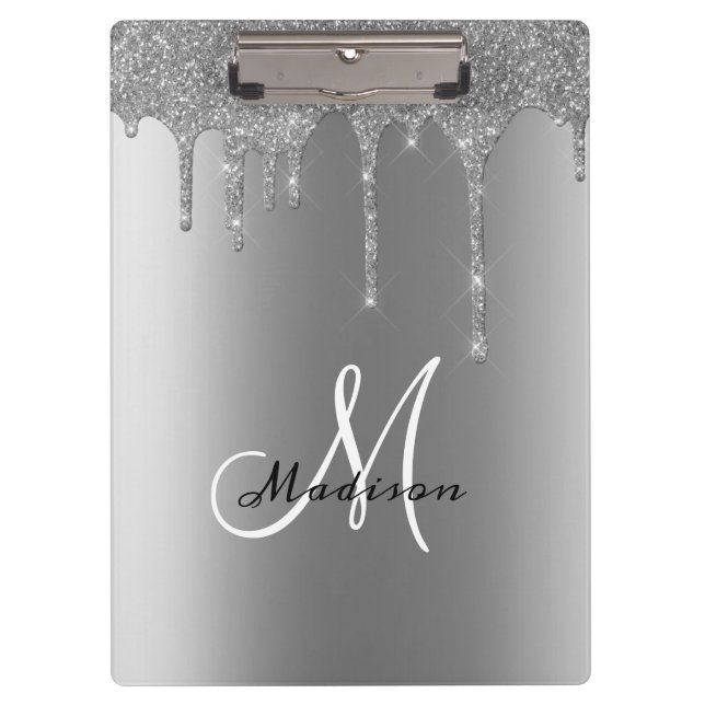 Silver Monogram Glitzer Tropfen Hübsch Name Klemmbrett (Vorderseite)