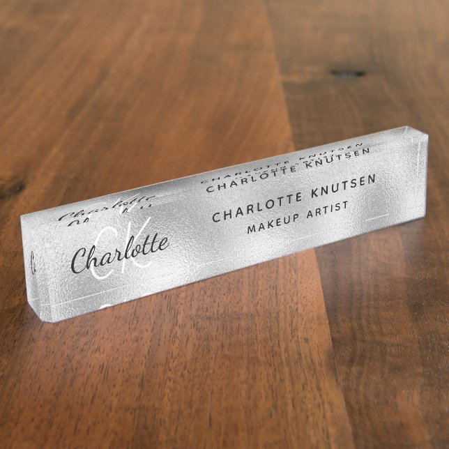 Silver Monogram modern beruflich Namensplakette (Seite)